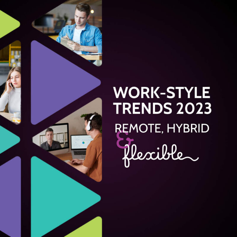 Composite of three workplace photos in triangular frames, captioned work-style trends 2023, remote hybrid and flexible