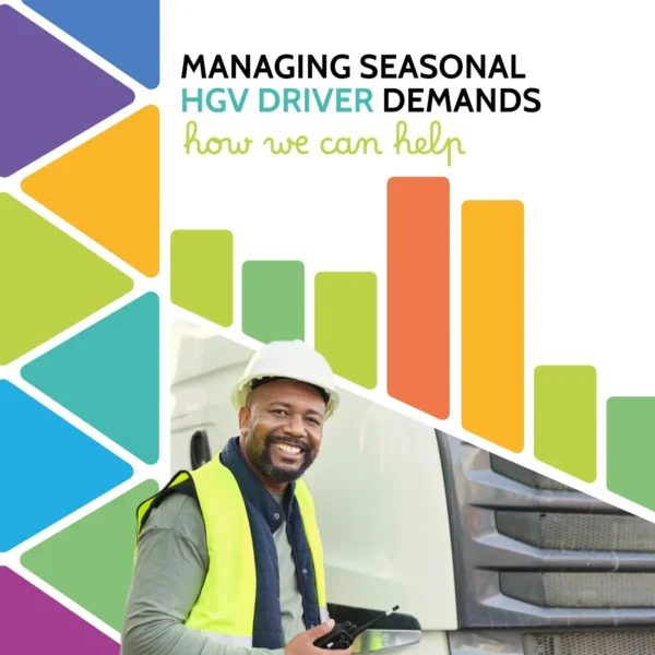 Smiling HGV driver in hard hat and hi-vis vest standing by a lorry holding a radio, with bar chart graphic, captioned managing seasonal HGV driver demands, how we can help