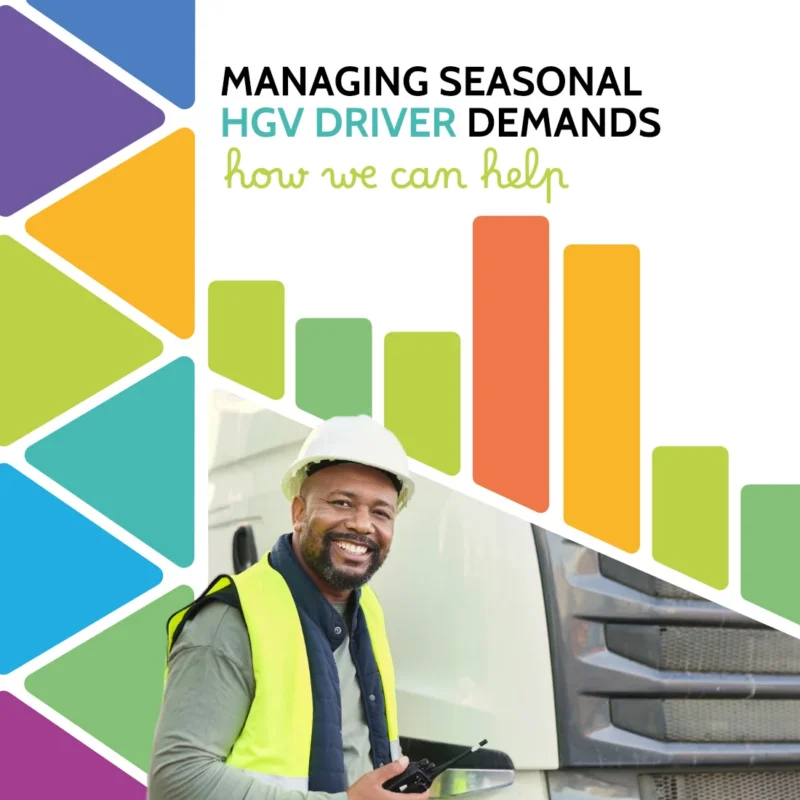 Smiling HGV driver in hard hat and hi-vis vest standing by a lorry holding a radio, with bar chart graphic, captioned managing seasonal HGV driver demands, how we can help