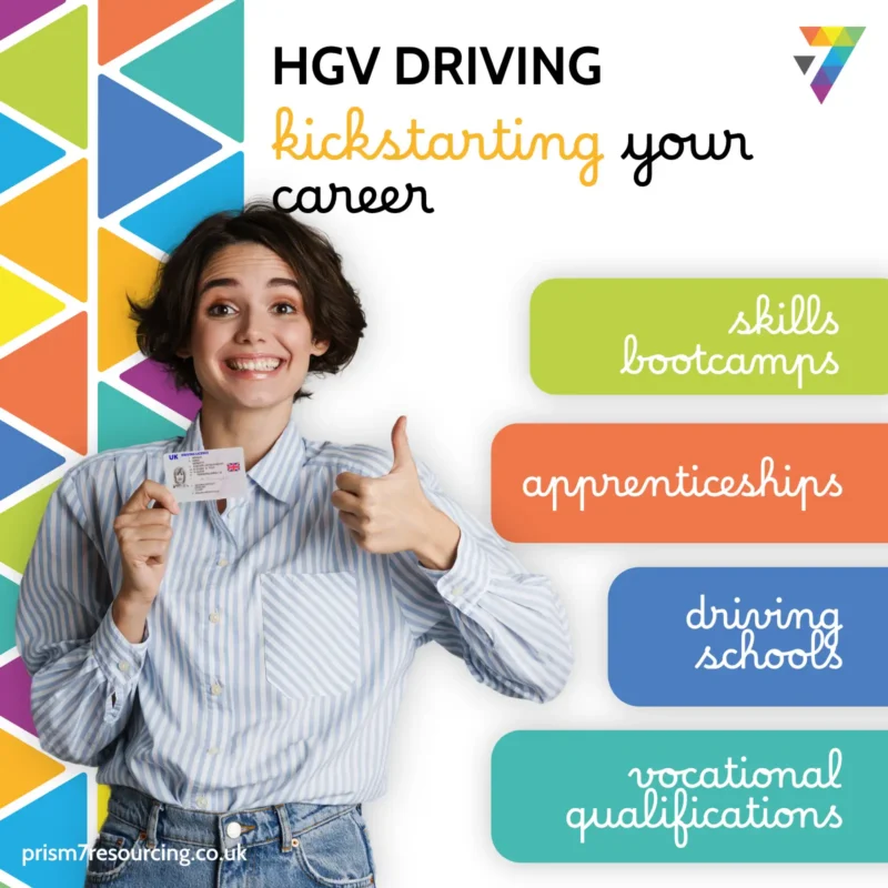 Smiling young woman holding up a UK driving licence with thumbs up, captioned HGV driving, kickstarting your career, with skills bootcamps, apprenticeships, driving schools and vocational qualifications labels