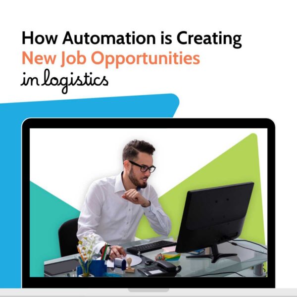 Laptop screen showing a man in glasses thinking at a desk, captioned how automation is creating new job opportunities in logistics