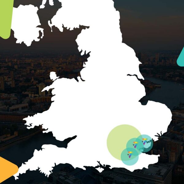 Outline map of England and Wales with colourful Prism7 logo location markers over an aerial London cityscape