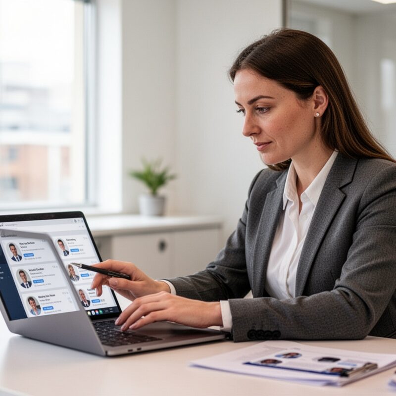 Worried woman in white shirt resting her head on her hand at a desk covered in CVs and notes, captioned create a positive job search journey, is your CV working for you