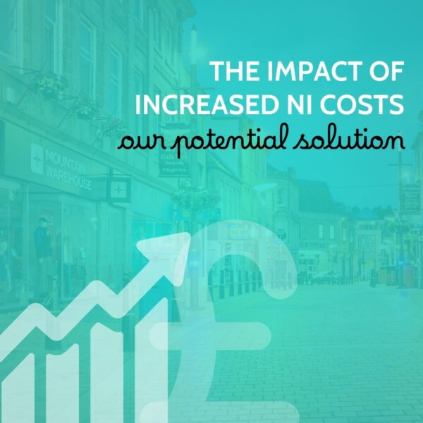 Sunlit UK high street with shops and bunting overlaid with a teal wash, captioned the impact of increased NI costs, our potential solution