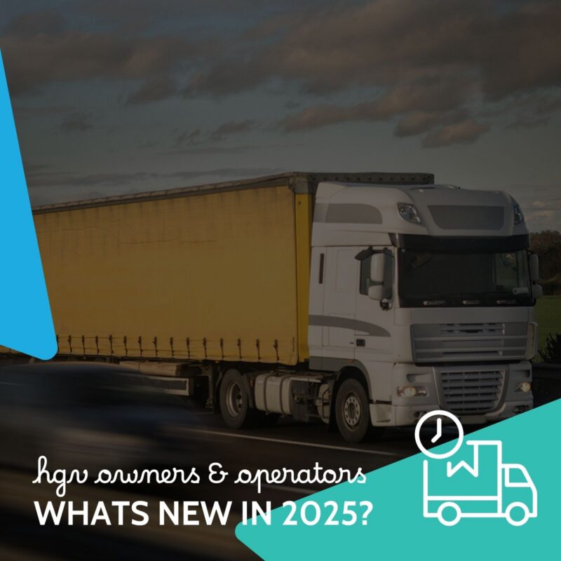 White cab HGV with yellow curtain-side trailer on a UK road at dusk, captioned HGV owners and operators, what's new in 2025