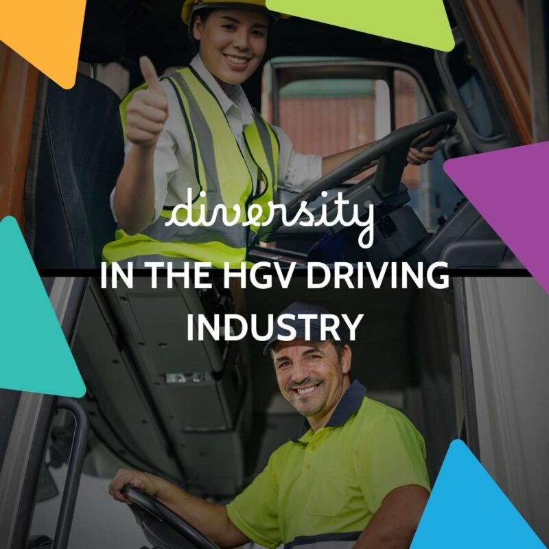 Two HGV drivers in hi-vis at the cab of a truck — a smiling woman giving a thumbs up and a smiling man at the wheel, captioned diversity in the HGV driving industry