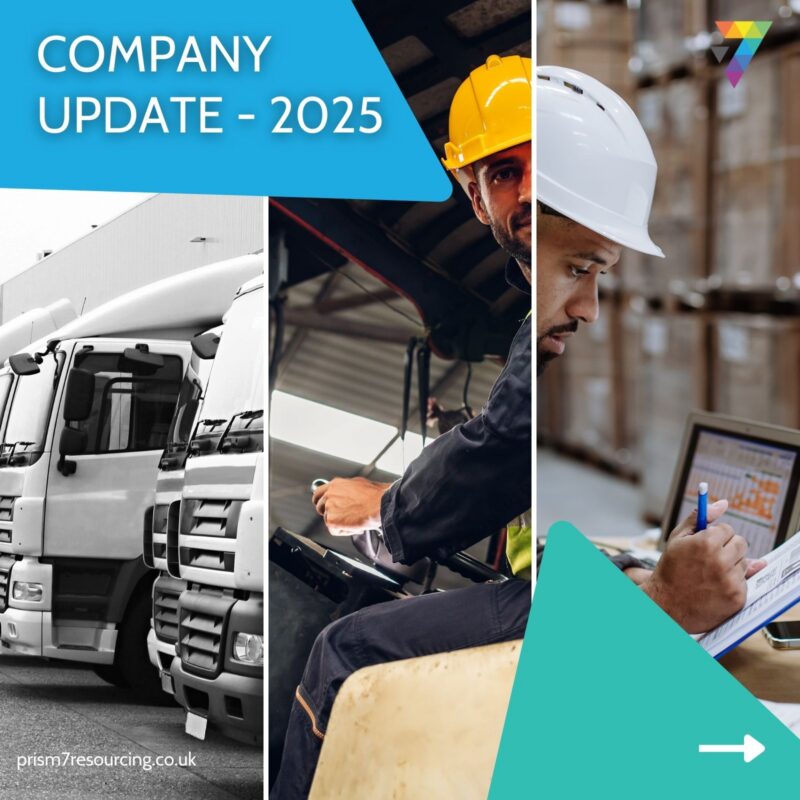 Three-photo composite of HGV cabs, a forklift driver and a warehouse manager with tablet, captioned Company Update 2025