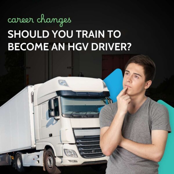 Young man in grey t-shirt thoughtfully touching his lip in front of a white DAF HGV, captioned career changes, should you train to become an HGV driver