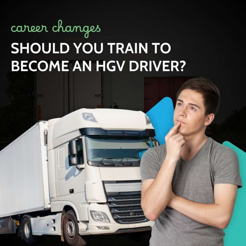 Young man in grey t-shirt thoughtfully touching his lip in front of a white DAF HGV, captioned career changes, should you train to become an HGV driver