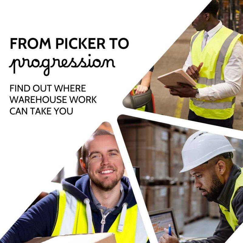 Three triangular photos of warehouse workers in hi-vis using a tablet, smiling and reviewing inventory, captioned from picker to progression, find out where warehouse work can take you