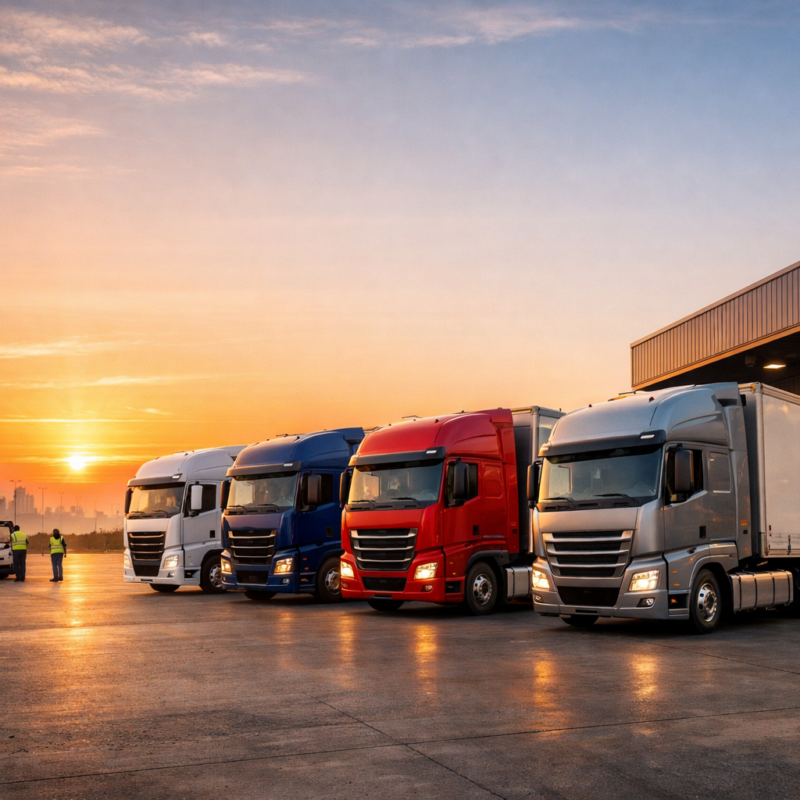 Row of four HGV cabs parked at a logistics depot under a dramatic orange sunset sky
