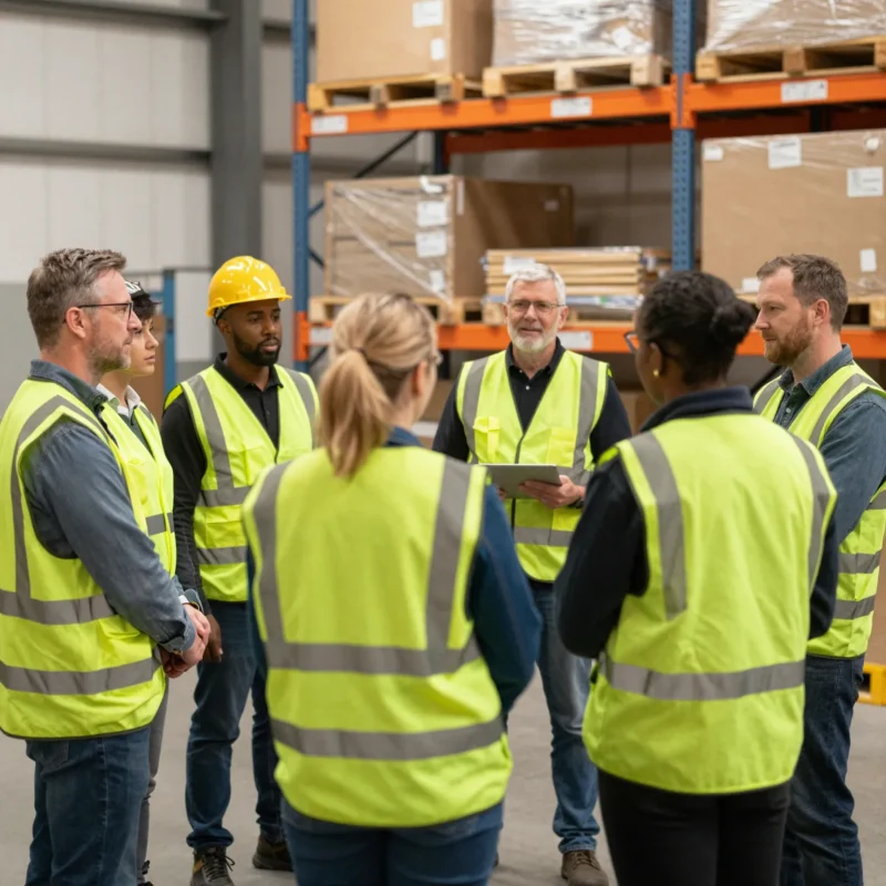 Older warehouse supervisor in hi-vis vest with tablet briefing a team of six workers around him in a warehouse