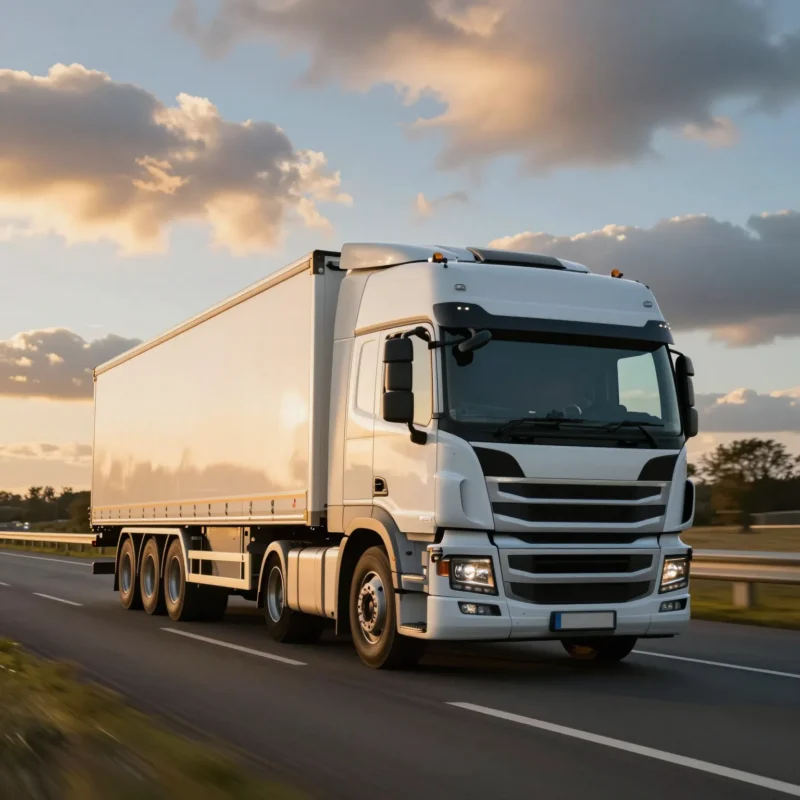 White curtain-side HGV travelling at speed along a motorway under a partly cloudy sunset sky