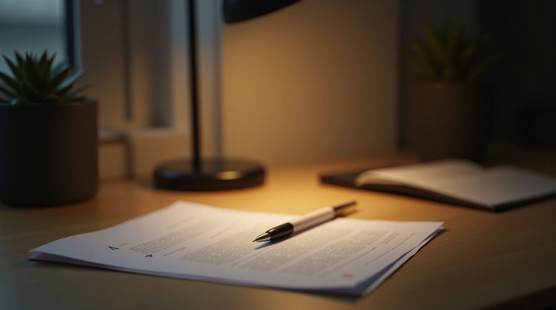 Close-up of a printed document with a pen resting on it under warm desk-lamp light, notebook and houseplants beside