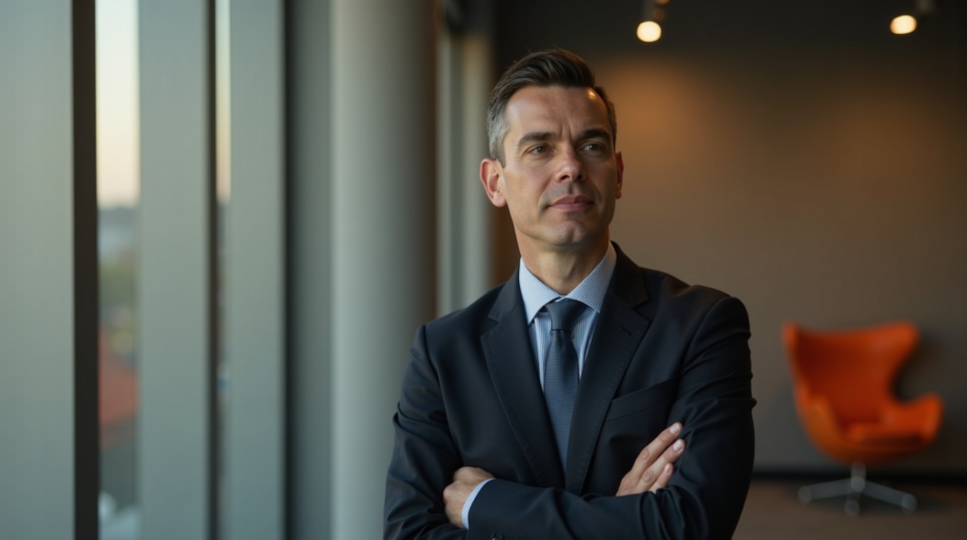 Mid-career businessman in dark suit standing thoughtfully with arms crossed by an office window, orange Egg-style chair behind