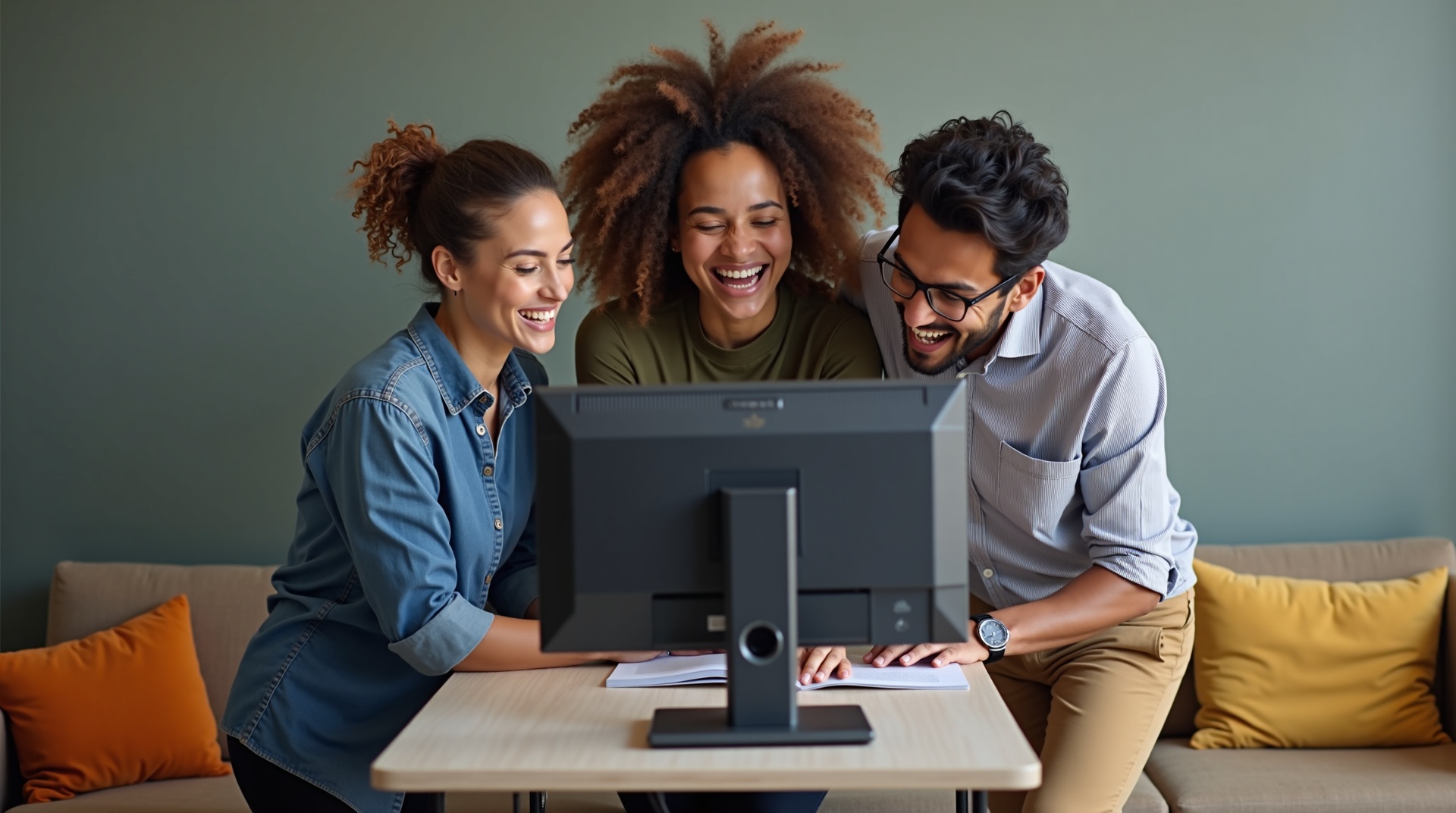 Three colleagues laughing as they look at a monitor screen together in a casual office meeting